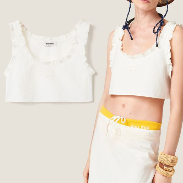 miumiu 25 린넨 로고 러플 탱크탑