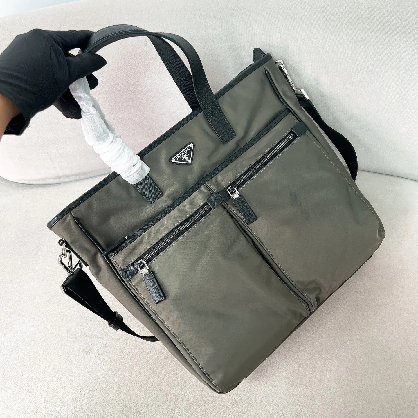 Re-nylon And Saffiano Leather Tote Bag 34x34.5cmX7cm